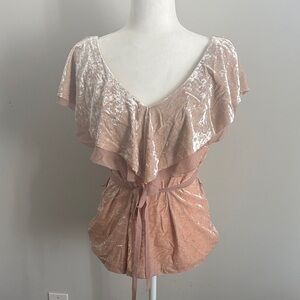 White House Black Market Velvet Ruffle Blouse in light pink